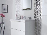 Modern Bathroom with White Sink and Fancy Silver Glossy Mosaic Wall Decor