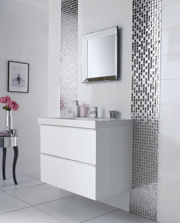 Modern Bathroom with White Sink and Fancy Silver Glossy Mosaic Wall Decor
